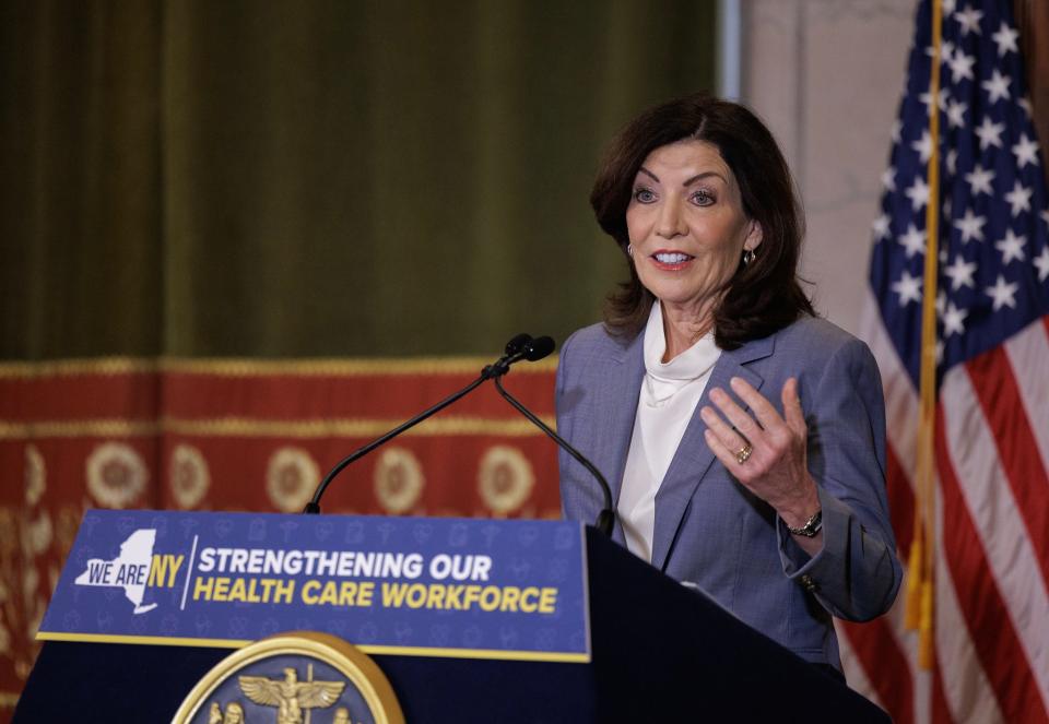 Gov. Kathy Hochul outlined her administration's efforts to address staffing shortages in New York's health care system during a media briefing in Albany in May 2023.