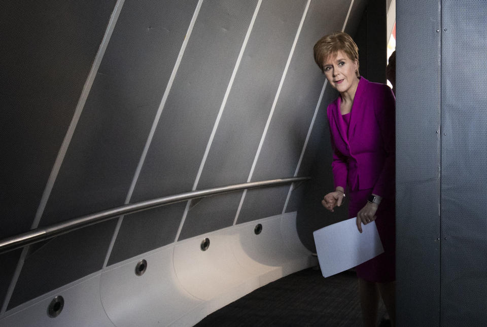 Scottish First Minister Nicola Sturgeon arrives to make a speech in Edinburgh, Scotland, Friday Dec. 13, 2019. Prime Minister Boris Johnson has led his Conservative Party to a landslide victory in Britain’s election that was dominated by Brexit. (Jane Barlow/PA via AP)