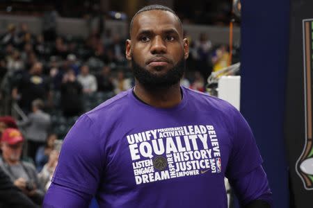 FILE PHOTO: Feb 5, 2019; Indianapolis, IN, USA; Los Angeles Lakers forward LeBron James (23) wears a t-shirt honoring Black History Month during warm ups prior to the game against the Indiana Pacers at Bankers Life Fieldhouse. Mandatory Credit: Brian Spurlock-USA TODAY Sports