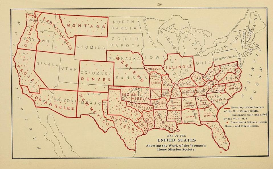 A map of the United States on faded yellow paper with some states outlined in red.