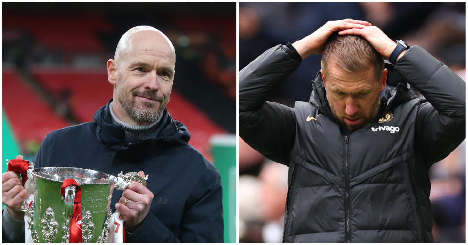 Manchester United manager Erik ten Hag (left) and Chelsea manager Graham Potter. (PHOTO: Getty Images)