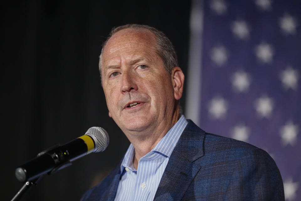 North Carolina 9th district Republican congressional candidate Dan Bishop gives his victory speech after winning election in Monroe, N.C., Tuesday, Sept. 10, 2019. (AP Photo/Nell Redmond)