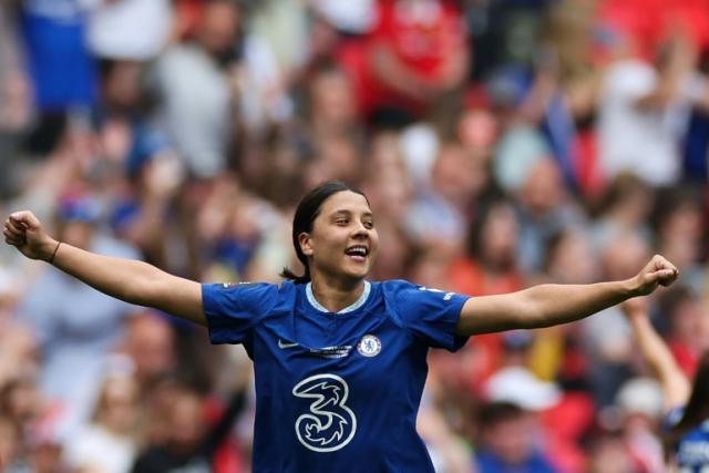 Joy of victory - Australia's Sam Kerr celebrates at full-time having scored the only goal in <a class="link " href="https://sports.yahoo.com/soccer/teams/chelsea/" data-ylk="slk:Chelsea;elm:context_link;itc:0">Chelsea</a>'s 1-0 win over <a class="link " href="https://sports.yahoo.com/soccer/teams/manchester-united/" data-ylk="slk:Manchester United;elm:context_link;itc:0">Manchester United</a> in the English women's FA Cup final at Wembley