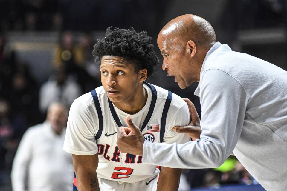 Mississippi guard Daeshun Ruffin (2) talks with assistant coach Win Case during the Rebels' 80-71 loss against Auburn on Jan. 15 in Oxford, Miss.