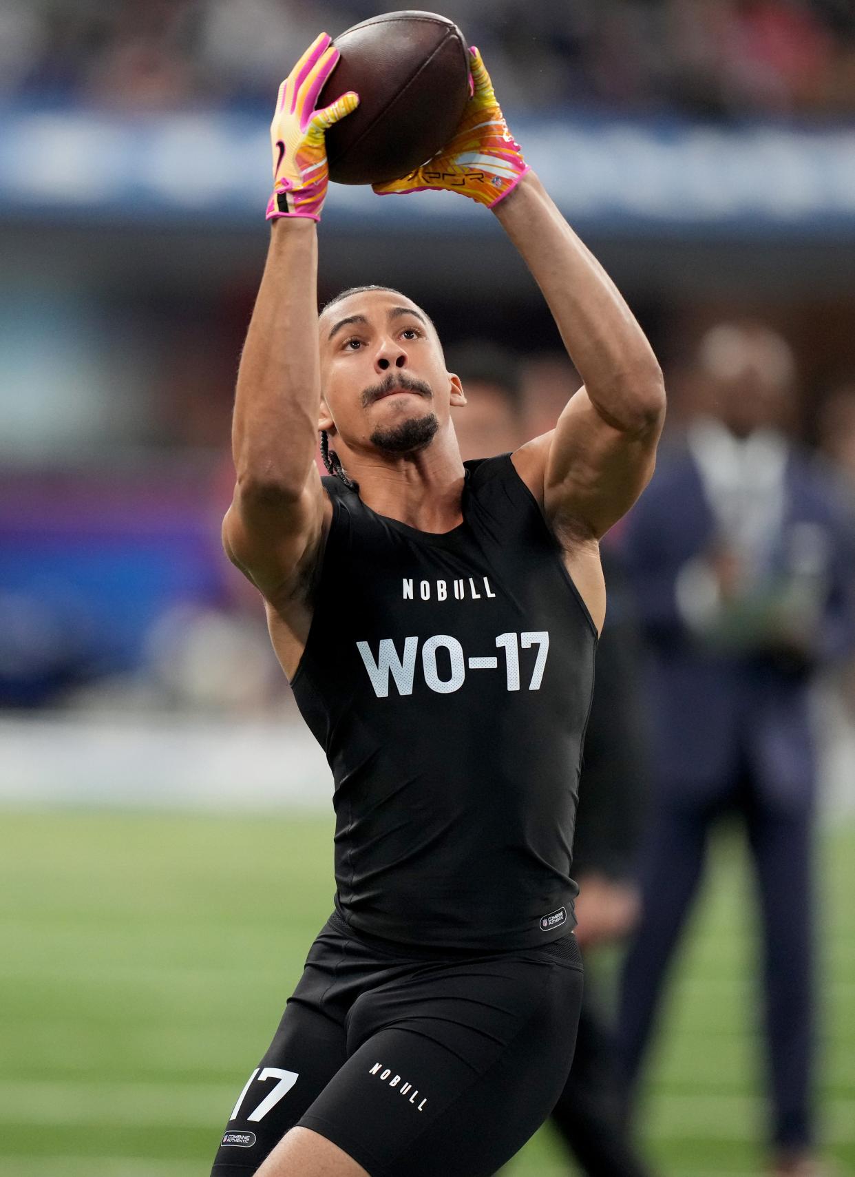 Mar 2, 2024; Indianapolis, IN, USA; Washington wide receiver Jalen McMillan (WO17) during the 2024 NFL Combine at Lucas Oil Stadium. Mandatory Credit: Kirby Lee-USA TODAY Sports