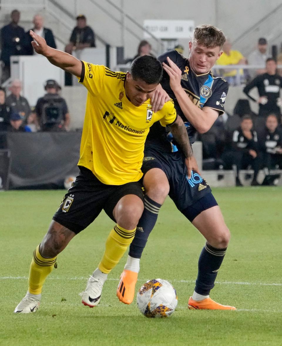 Sept. 30, 2023; Columbus, Oh., USA; 
Columbus Crew forward Cucho Hernandez (9) competes for a ball with Philadelphia Union midfielder Jack McGlynn (16) during the second half of Saturday's match at Lower.com Field in Columbus.