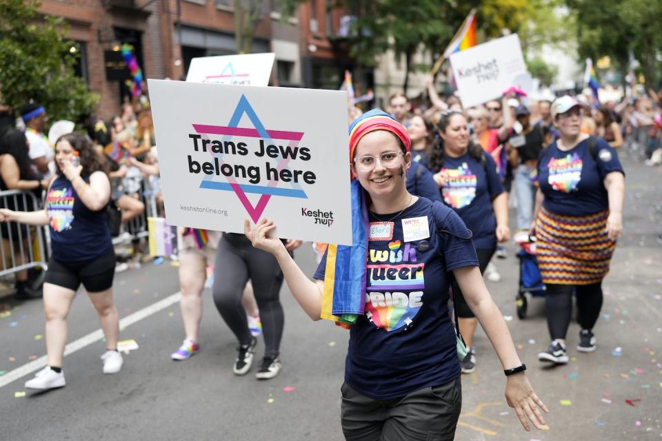 Participants from Jewish Queer Youth walk in the New York City Pride March on June 25, 2023. <a href="https://newsroom.ap.org/detail/2023NYCPrideMarch/a7f1d3c0e9fc4ac683ac061978c40ddd/photo?Query=trans%20jewish&mediaType=photo&sortBy=&dateRange=Anytime&totalCount=18&currentItemNo=0&vs=true" rel="nofollow noopener" target="_blank" data-ylk="slk:Charles Sykes/Invision/AP;elm:context_link;itc:0;sec:content-canvas" class="link ">Charles Sykes/Invision/AP</a>