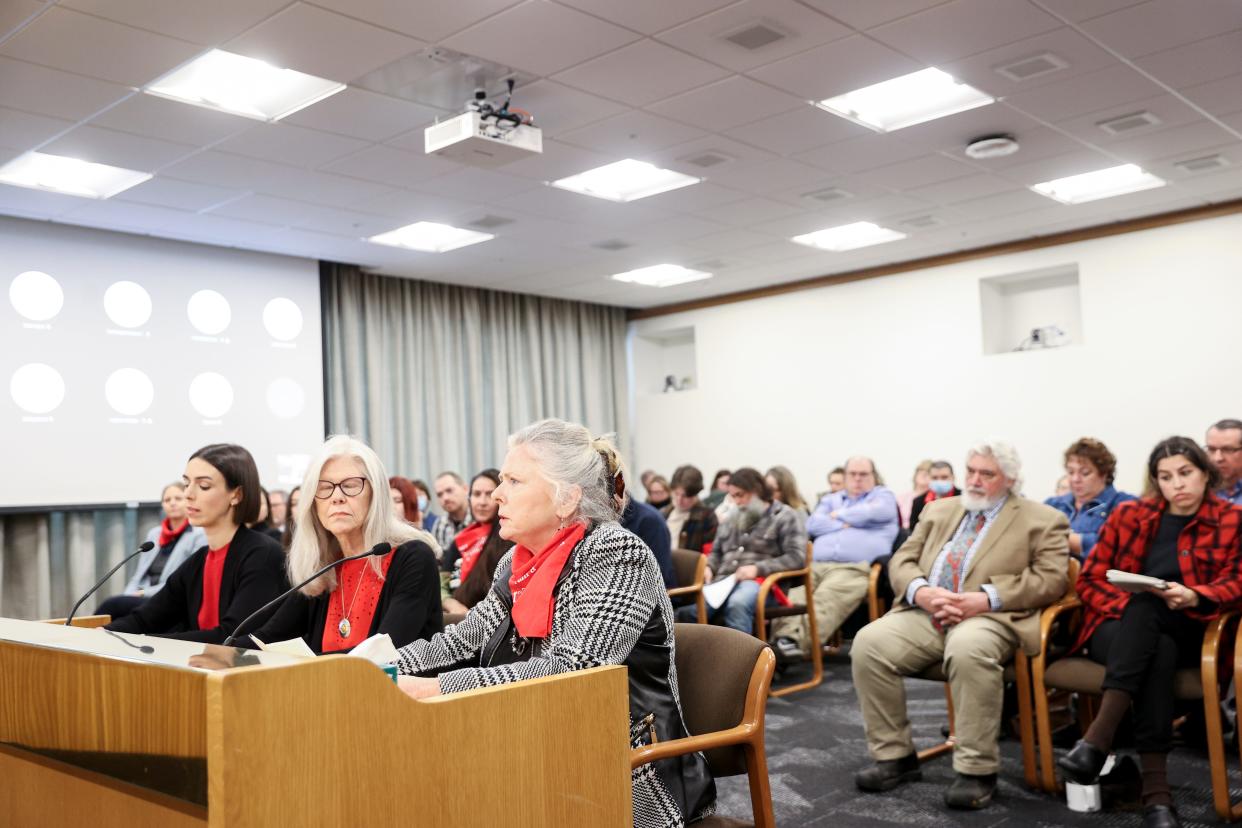 Mary Cooke, of Lebanon, speaks in support of House Bill 2667 Monday during a Senate Committee on Natural Resources public hearing. The bill proposes to ban new or expanded large confined-animal operations until 2031.