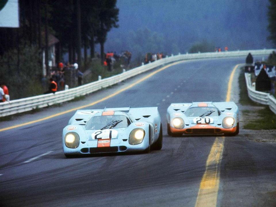 1971年Porsche 917 KH於斯帕-弗朗科爾尚賽道（Circuit de Spa-Francorchamps）的歷史照片。