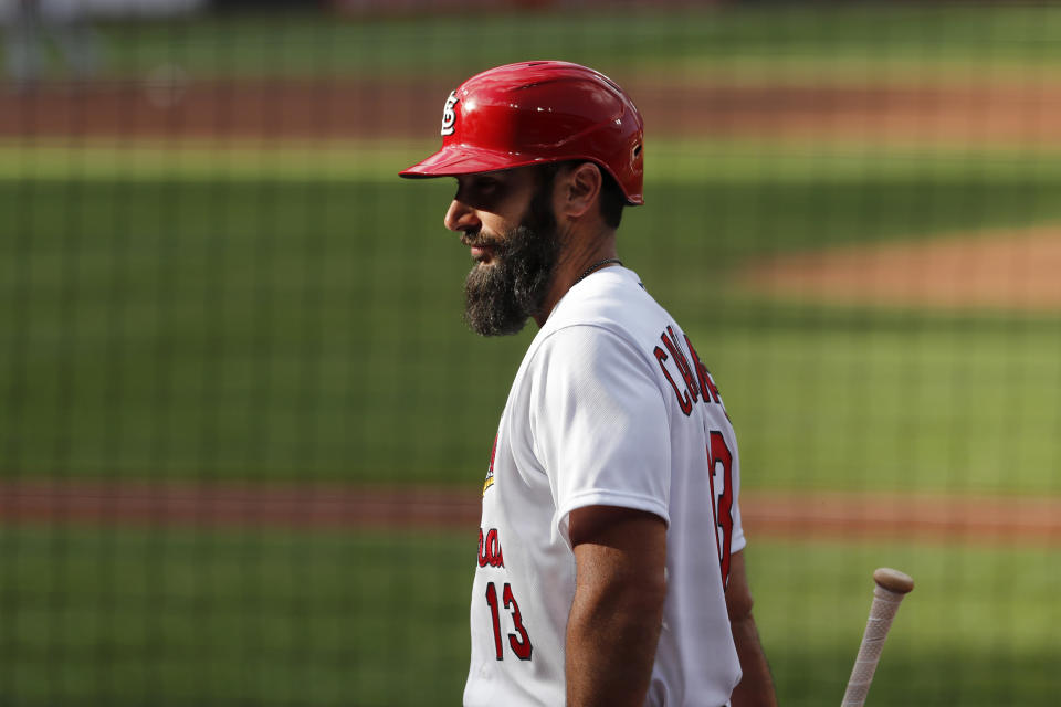 St. Louis Cardinals' Matt Carpenter walks out of the dugout during an intrasquad practice baseball game at Busch Stadium Thursday, July 9, 2020, in St. Louis. (AP Photo/Jeff Roberson)