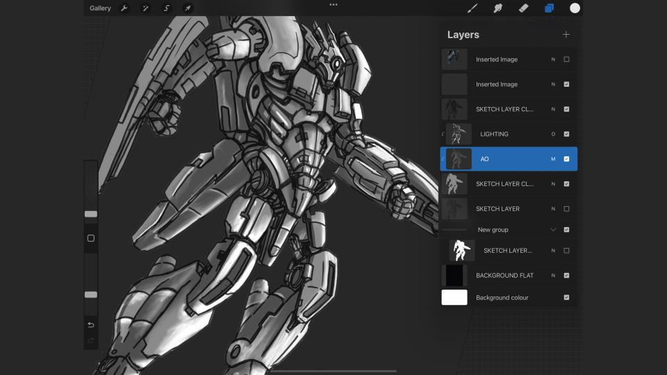 Procreate drawing of mech character from 3D model by Glen Southern