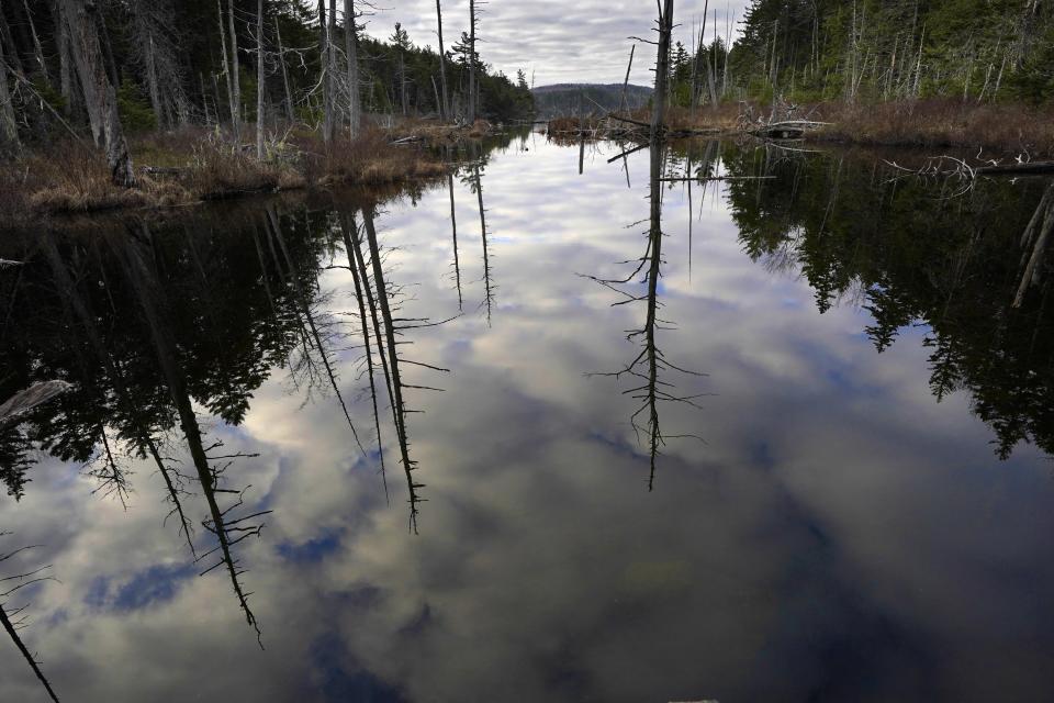 Peaked Mountain Pond reflects the clouds near Columbia Falls, Maine, Thursday, April 27, 2023. A prosperous local family hopes to build a $1 billion flagpole theme park on the wooded mountainside in the distance. (AP Photo/Robert F. Bukaty)