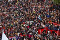 Supporters of Bolivia's President Evo Morales gather during a rally in downtown La Paz