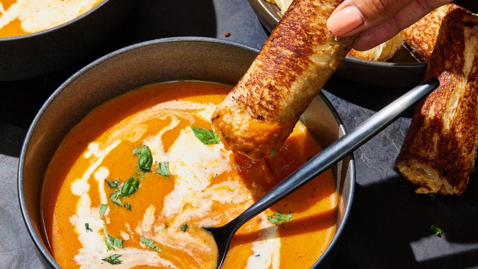 pumpkin tomato soup with grilled swiss cheese sticks