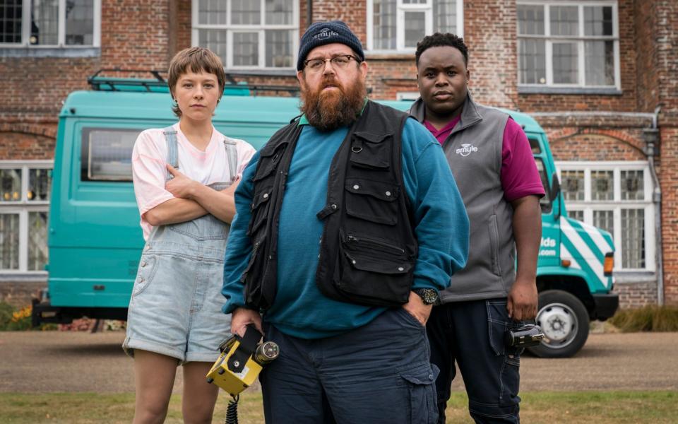 Haunted by the ghosts of the show it never quite becomes: Colin Hutton, Nick Frost, and Samson Kayo in Truth Seekers - Colin Hutton