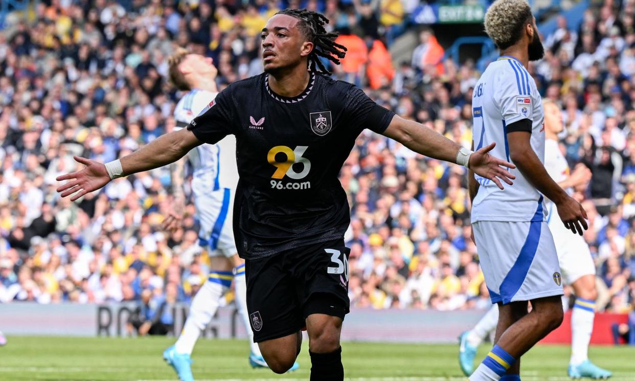 <span>Luca Koleosho celebrates after scoring early in the first half against Leeds at Elland Road.</span><span>Photograph: Anna Gowthorpe/Shutterstock</span>