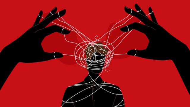Ilustración de una persona con una cabeza rodeada por una madeja de hilos, que dan idea de confusión, y unas manos que manejan esos hilos, lo que da idea de manipulación.