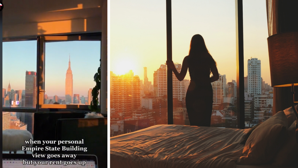 Screenshot of TikTok video showing Empire State Building, stock image shows woman looking out of large windows at city. 