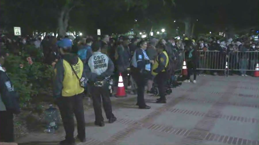 Police officers arrived as a dispersal order was given to a large encampment of pro-Palestinian protestors gathered on the UCLA campus on May 1, 2024. (KTLA)