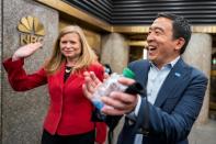 Andrew Yang and Kathryn Garcia, Democratic candidates for New York City Mayor, speak to supporters before participating in the Democratic primary debate in New York