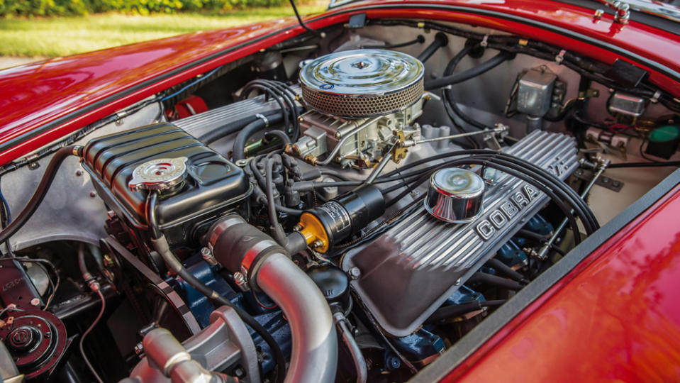 The side-oiler 427 ci V-8 engine inside a 1966 Shelby 427 Cobra.