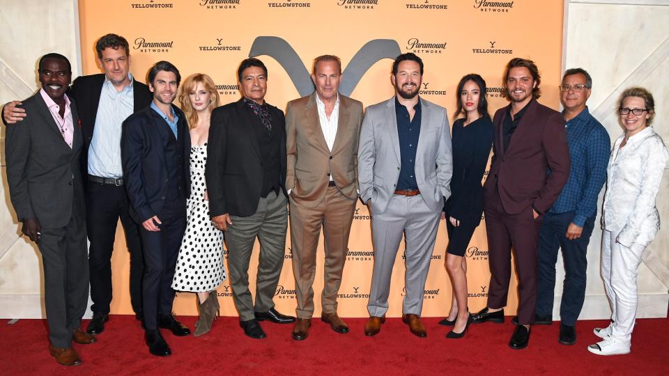 Steven Williams, Keith Cox, Wes Bentley, Kelly Reilly, Gil Birmingham, Kevin Costner, Cole Hauser, Kelsey Chow, Luke Grimes, Kent Alterman and Sarah Levy attend Paramount Network's "Yellowstone" Season 2 Premiere Party at Lombardi House on May 30, 2019 in Los Angeles, California