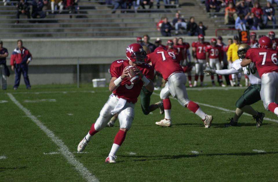 Matt LaFleur (No. 3) playing for Saginaw Valley State University on Oct. 20, 2001. Chad Lackowski (No. 79), played left tackle.