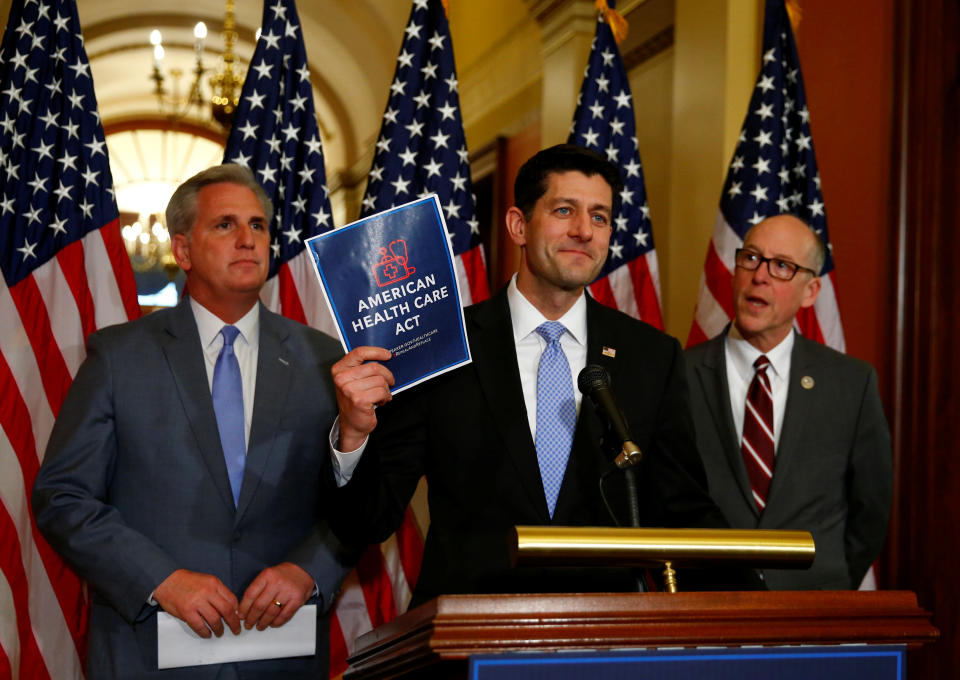 (L-R)U.S. House Majority Leader Kevin McCarthy, U.S. House Speaker Paul Ryan, and U.S. Representative Greg Walden hold a news conference on the American Health Care Act on Capitol Hill in Washington, U.S. March 7, 2017. REUTERS/Eric Thayer
