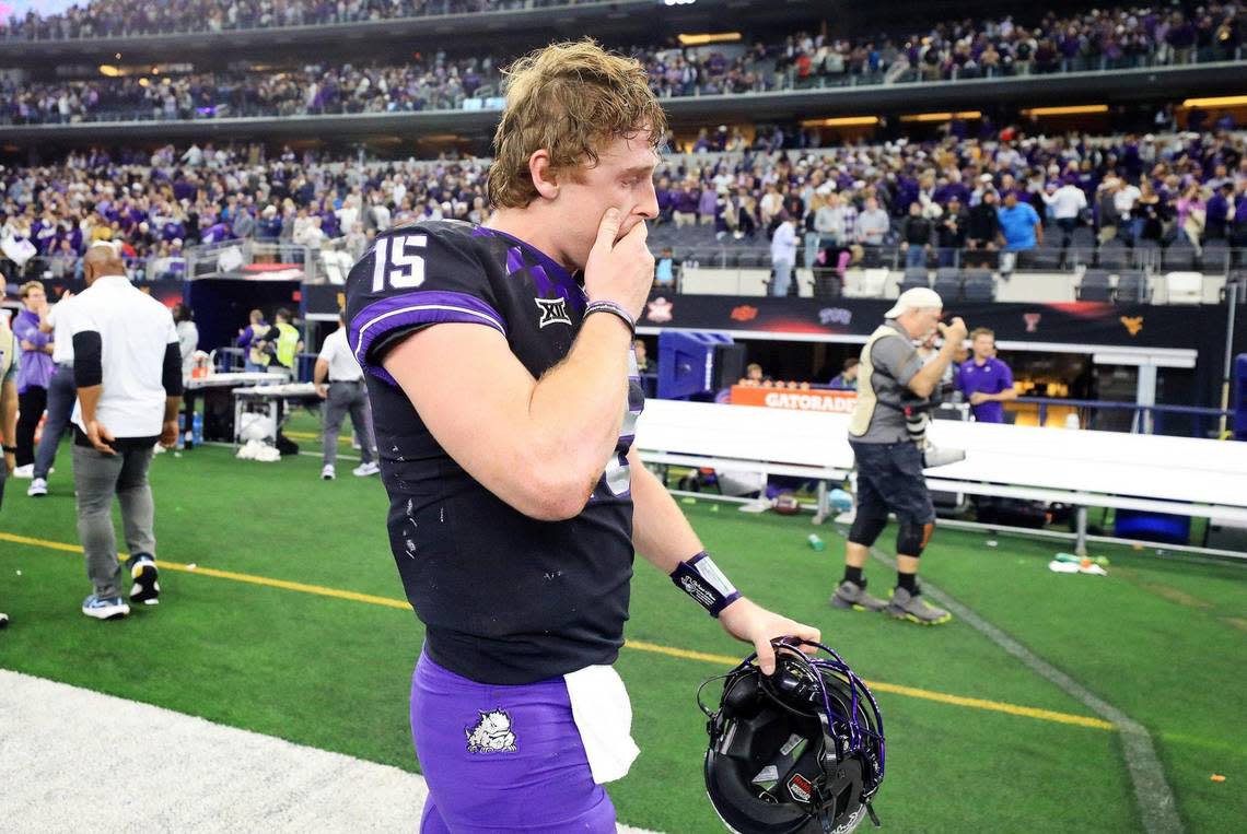 TCU quarterback Max Duggan walks off the field after his team was defeated by Kansas State 31-28 in overtime during the Big 12 Championship on Saturday, December 3, 2022.