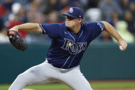 Tampa Bay Rays relief pitcher Garrett Cleavinger delivers against the Cleveland Guardians during the fourth inning of a baseball game, Wednesday, Sept. 28, 2022, in Cleveland. (AP Photo/Ron Schwane)