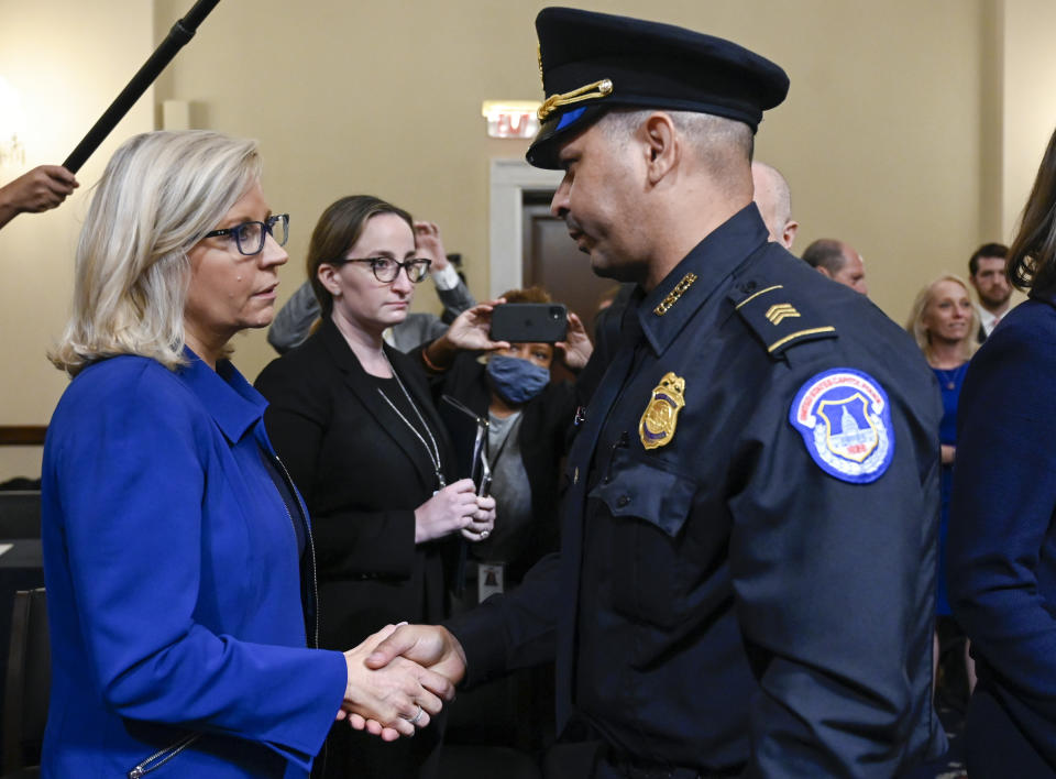 Liz Cheney shakes hands with Sgt. Aquilino Gonell.