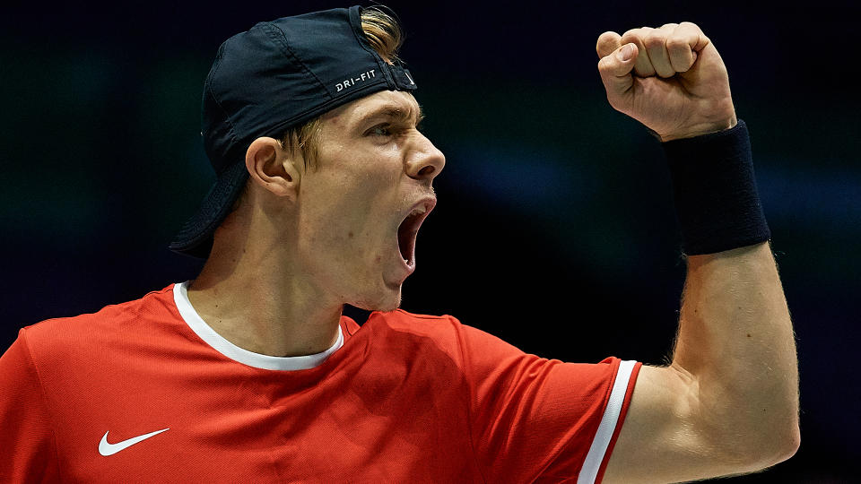 Canada's Denis Shapovalov celebrates winning a point against Russia's Karen Khachanov during the semi-final singles tennis match between Russia and Canada at the Davis Cup Madrid Finals 2019 in Madrid on November 23, 2019. (Photo by JAVIER SORIANO / AFP) (Photo by JAVIER SORIANO/AFP via Getty Images) 