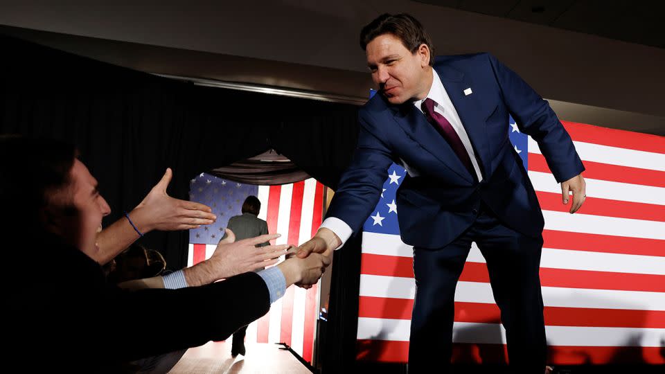 Republican presidential candidate Florida Gov. Ron DeSantis greets supporters at his caucus night event on January 15, 2024, in West Des Moines, Iowa. - Anna Moneymaker/Getty Images