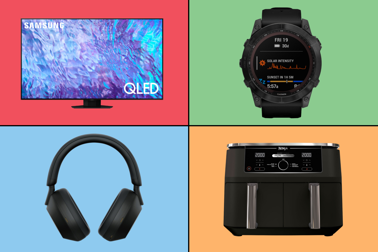 samsung tv on red background, garmin smart watch on green background, sony headphones on blue background, ninja air fryer on orange background, Best Buy Canada's Black Friday in Summer sale is on now — 11 best deals (photos via Best Buy).