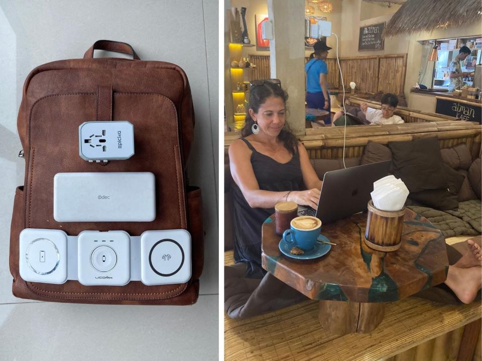 Working  at a cafe in Ubud, Bali and charging station