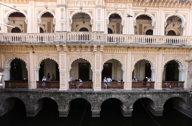 Muslims are seen inside the Juma Masjid during Friday prayers in Mumbai