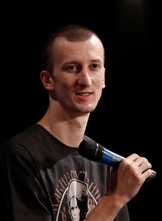 Activist Oleksandr Kolchenko speaks during a news conference in Kiev