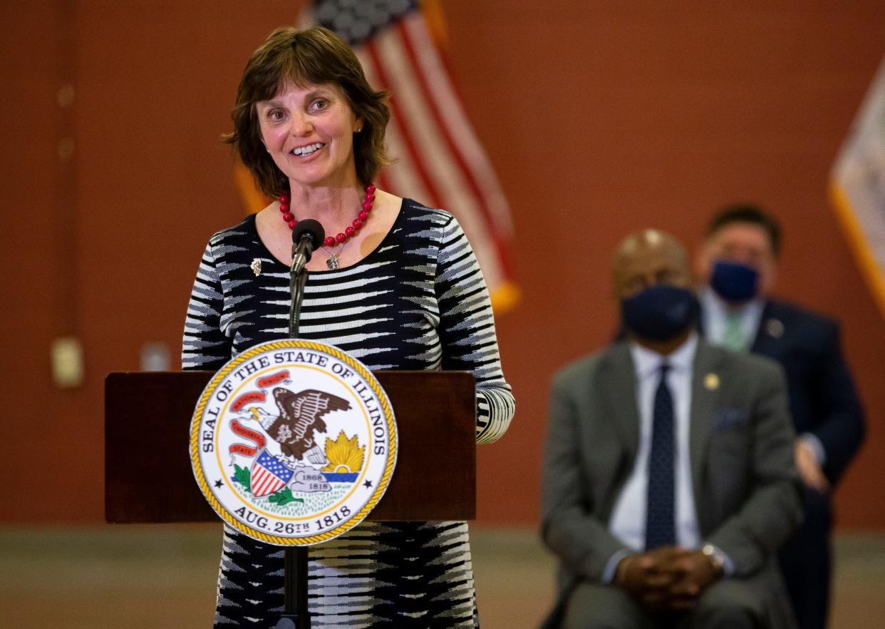 Illinois State Rep. Sue Scherer, D-Decatur, delivers her remarks during a press conference with Illinois Gov. JB Pritzker about the state ending the eviction moratorium brought on by the COVID-19 pandemic while also promising $1.5 billion in rental relief at Union Baptist Church in Springfield, Ill., Monday, May 17, 2021.