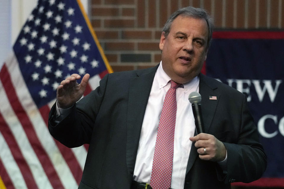 FILE - Former New Jersey Gov. Chris Christie addresses a gathering during a town hall style meeting at New England College, Thursday, April 20, 2023, in Henniker, N.H. (AP Photo/Charles Krupa, File)