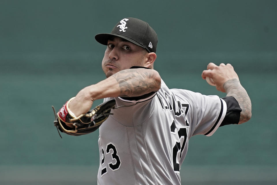 Chicago White Sox starting pitcher Vince Velasquez throws during the first inning of a baseball game against the Kansas City Royals Thursday, May 19, 2022, in Kansas City, Mo. (AP Photo/Charlie Riedel)