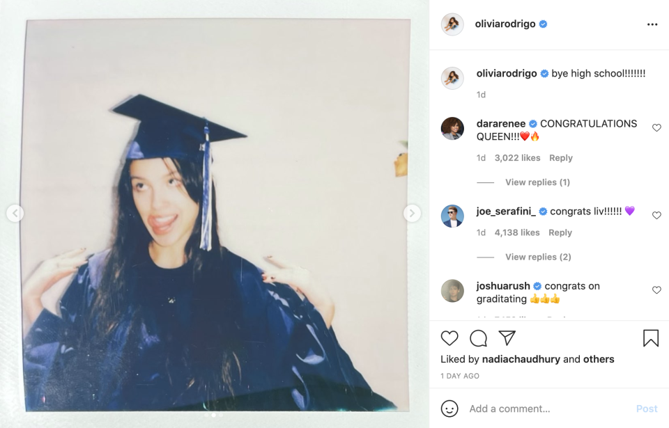 In this screenshot, taken from Olivia Rodrigo's Instagram, the pop star makes a silly face and poses in her cap and gown