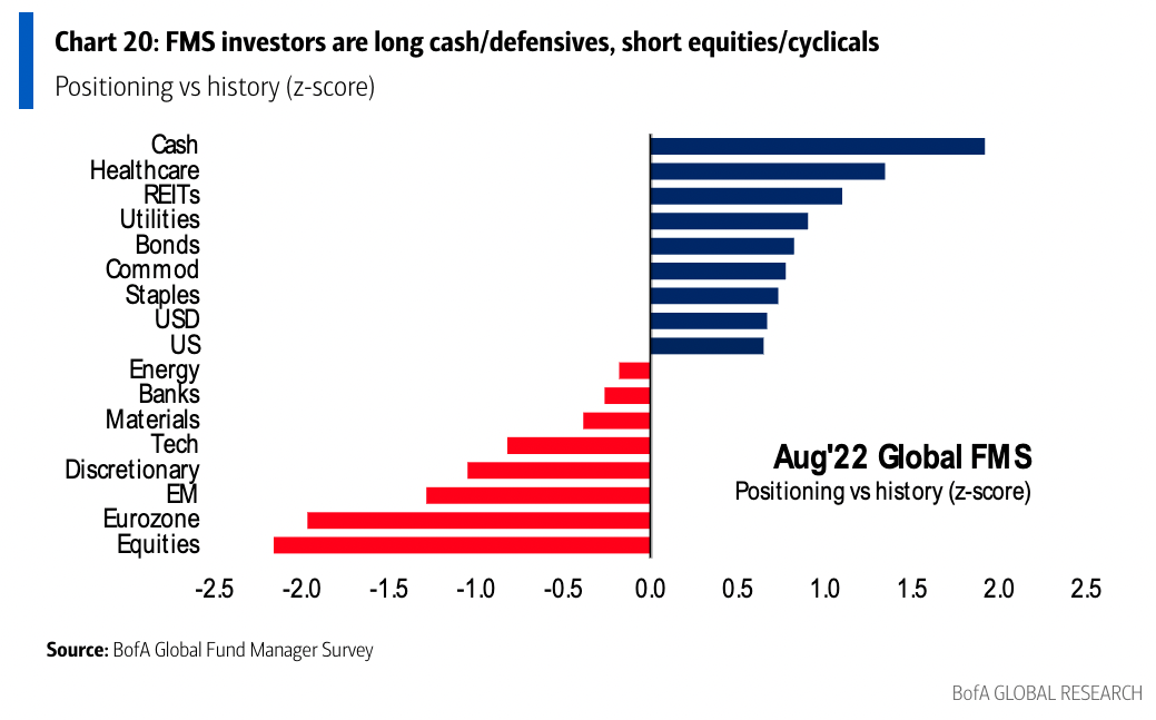 When compared against average positioning over the last 10 years, investors remained overall long cash and underweight equities. (Source: BofA Global Fund Manager Survey)