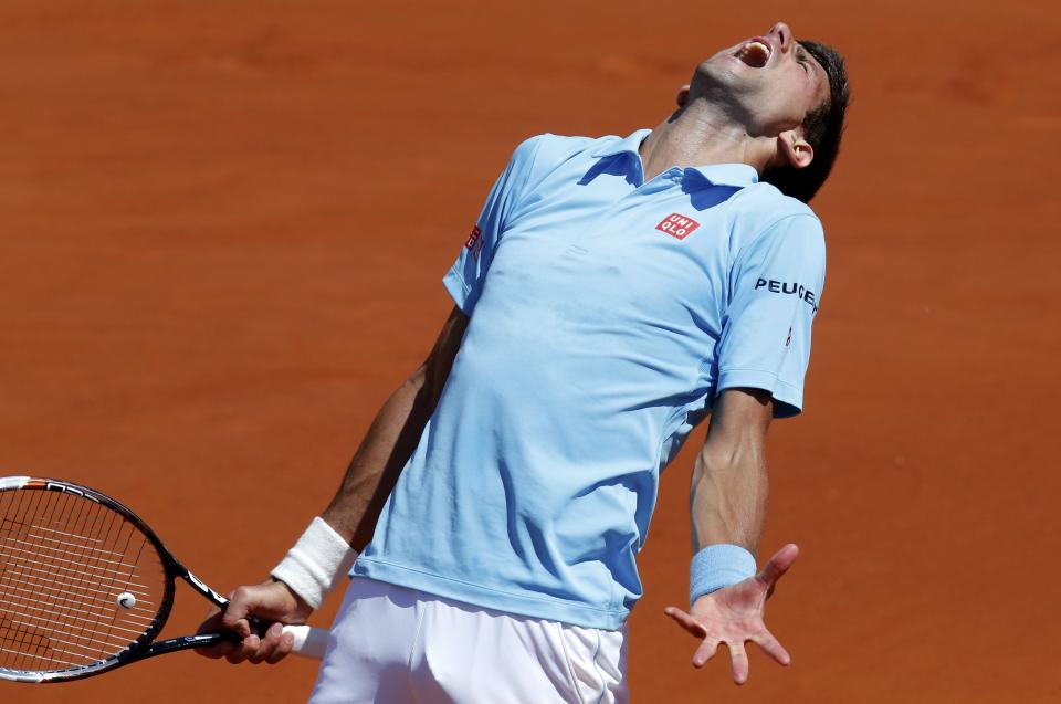 Novak Djokovic of Serbia reacts during his men's semi-final match against Ernests Gulbis of Latvia at the French Open tennis tournament at the Roland Garros stadium in Paris