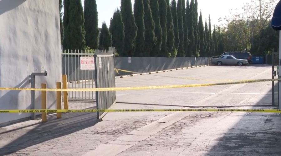 One person is dead after being struck in this parking lot in Van Nuys. The Los Angeles Police Department says the driver lost control of the vehicle while exiting the parking lot and struck two victims, killing one. The incident occurred on April 26, 2024. (KTLA)