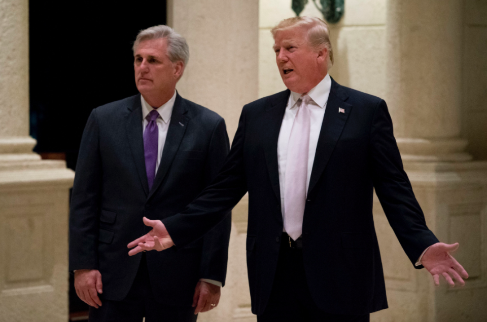 <em>Trump addressed the issue briefly as he arrived for dinner at his private golf club with House Majority Leader Kevin McCarthy (PA)</em>