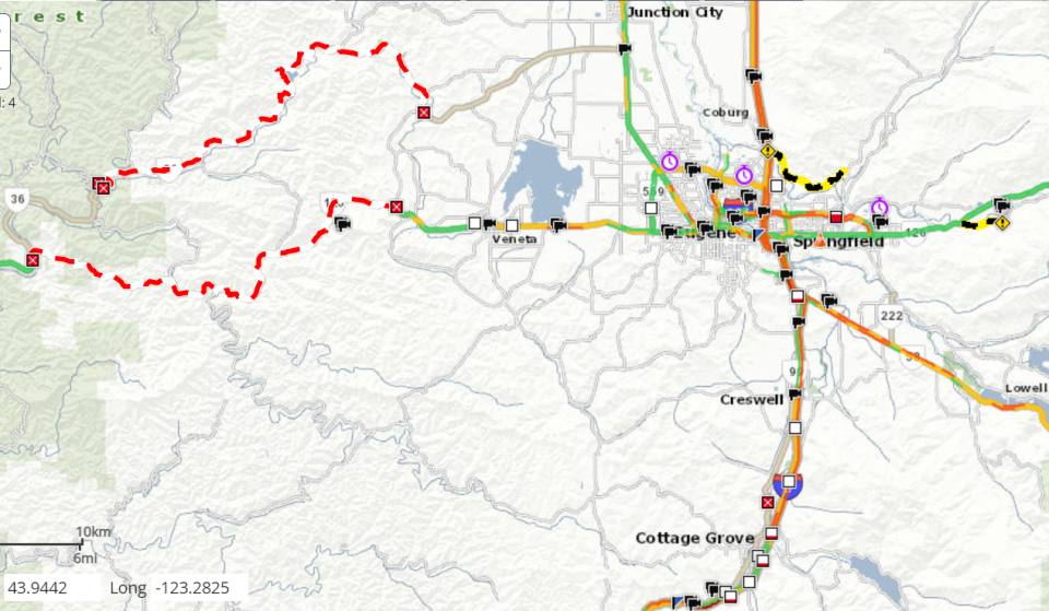 Oregon Highways 126 and 36 and McKenzie View Drive and Deerhorn Road have closures as of 9:30 a.m., Jan. 14, 2024. Provided by Trip Check