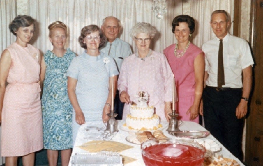 The Stuckey family celebrated Ernst and Ella’s 50th anniversary at their son’s home in Marion in 1967. From left to right: Kathryn (Kay) Erlandson, Virginia (Ginny) Smoot, Lucille (Lucy) Spetnagel, Ella Stuckey, Ernst Stuckey,  Barbara (Bobby) Ehrlich, and John Stuckey.