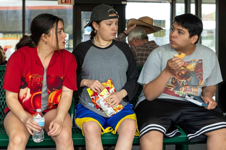 From left, Devery Jacobs stars as Elora Danan, Paulina Alexis as Willie Jack and Lane Factor as Cheese in "Bussin',” Season 3, Episode 1 of "Reservation Dogs."