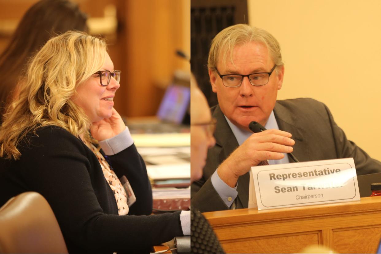 Kansas Labor Secretary Amber Shultz, left, and Rep. Sean Tarwater were part of a council discussing unemployment fraud.