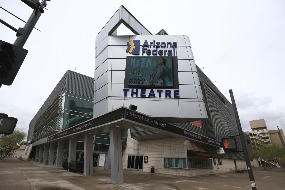 The Arizona venue of the Democratic presidential debate that was scheduled for Sunday, is quiet as the Democratic National Committee is moving Sunday's presidential debate from Arizona to Washington because of concerns about coronavirus Thursday, March 12, 2020, in Phoenix. (AP Photo/Ross D. Franklin)